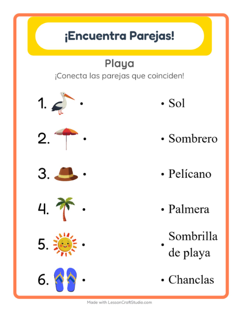 Vista previa de la hoja de Emparejar con Playa para jardín infantil