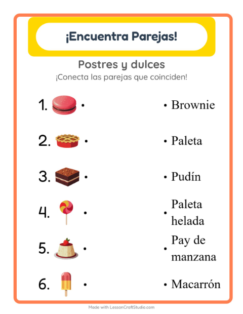 Vista previa de la hoja de Emparejar con Postres y dulces para jardín infantil