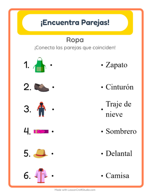 Vista previa de la hoja de Emparejar con Ropa para jardín infantil