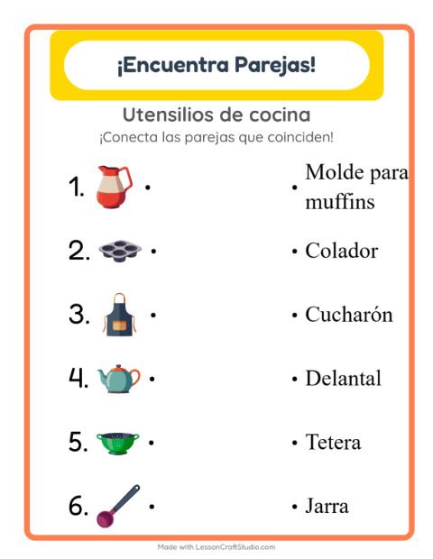 Vista previa de la hoja de Emparejar con Utensilios de cocina para jardín infantil