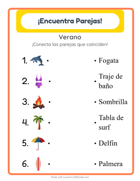 Vista previa de la hoja de Emparejar con Verano para jardín infantil
