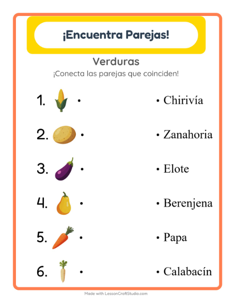 Vista previa de la hoja de Emparejar con Verduras para jardín infantil