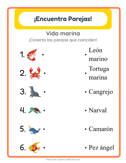 Vista previa de la hoja de Emparejar con Vida marina para jardín infantil