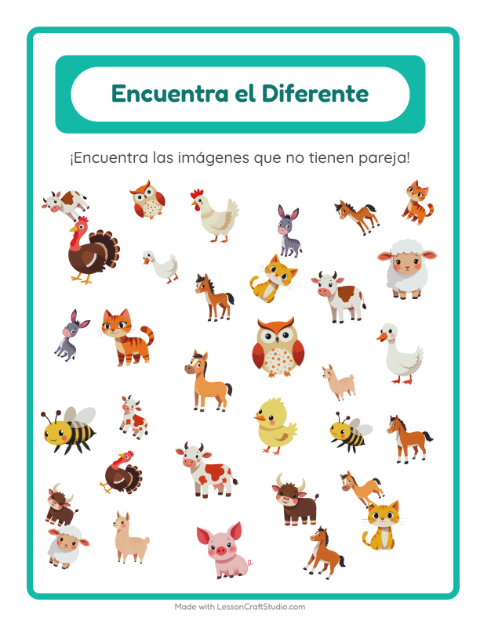 Vista previa de la hoja de Encuentra Los Objetos con Animales de granja para jardín infantil