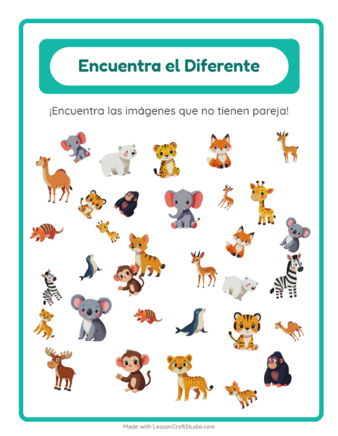 Vista previa de la hoja de Encuentra Los Objetos con Animales del zoológico para jardín infantil