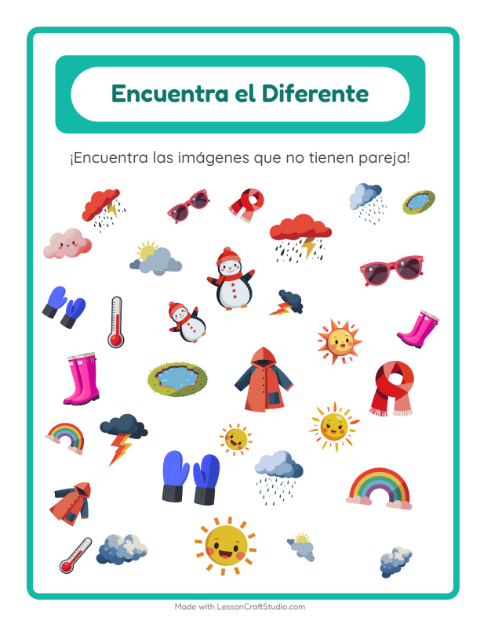Vista previa de la hoja de Encuentra Los Objetos con Clima para jardín infantil