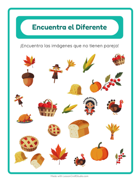 Vista previa de la hoja de Encuentra Los Objetos con Día de Acción de Gracias para jardín infantil
