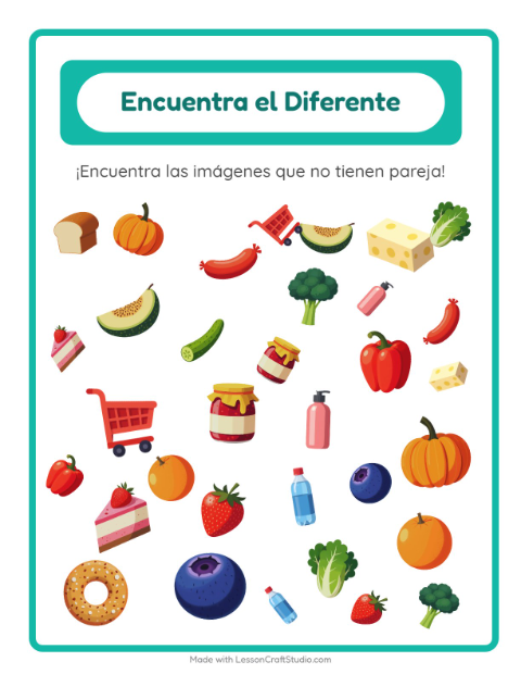 Vista previa de la hoja de Encuentra Los Objetos con En el supermercado para jardín infantil