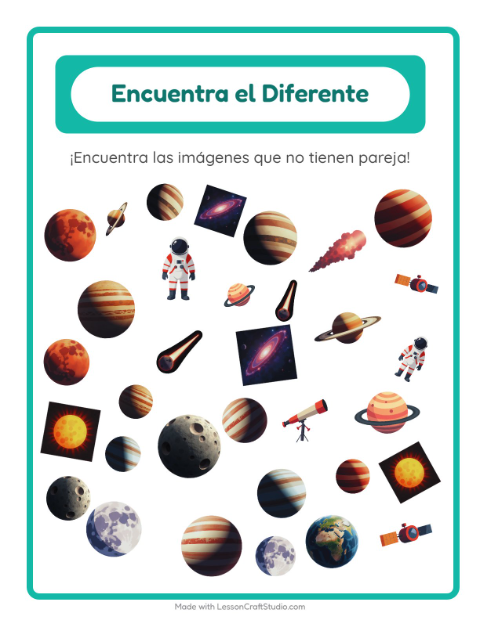 Vista previa de la hoja de Encuentra Los Objetos con Espacio para jardín infantil