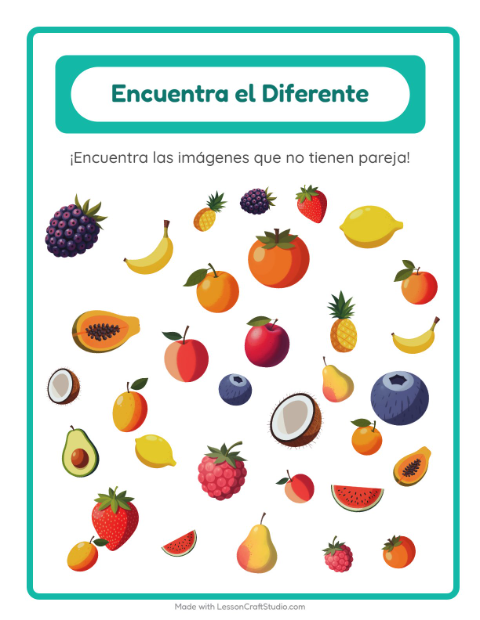 Vista previa de la hoja de Encuentra Los Objetos con Frutas para jardín infantil