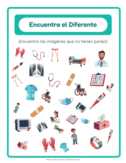 Vista previa de la hoja de Encuentra Los Objetos con Hospital para jardín infantil