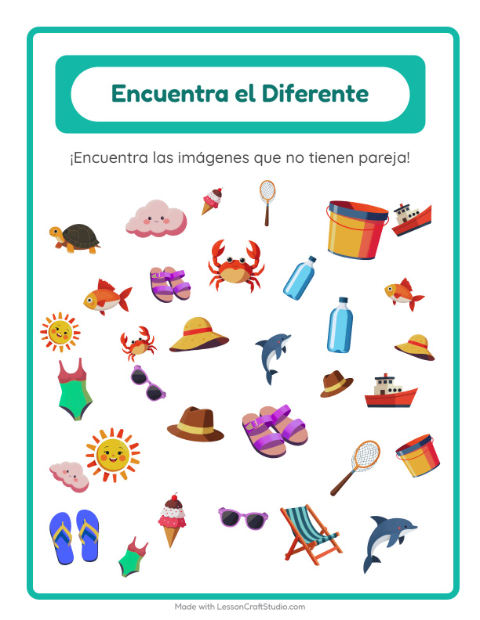 Vista previa de la hoja de Encuentra Los Objetos con Playa para jardín infantil