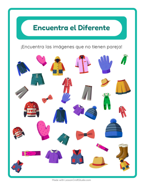 Vista previa de la hoja de Encuentra Los Objetos con Ropa para jardín infantil