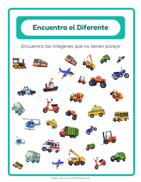 Vista previa de la hoja de Encuentra Los Objetos con Vehículos para jardín infantil