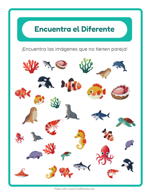 Vista previa de la hoja de Encuentra Los Objetos con Vida marina para jardín infantil