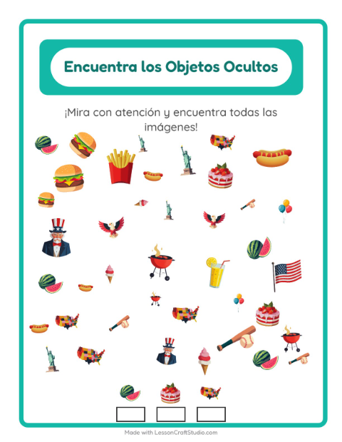 Vista previa de la hoja de Encuentra Los Objetos con 4 de Julio para jardín infantil