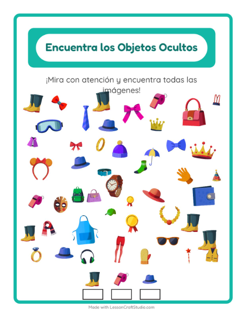 Vista previa de la hoja de Encuentra Los Objetos con Accesorios para jardín infantil