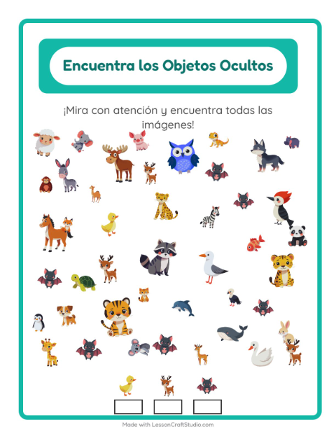 Vista previa de la hoja de Encuentra Los Objetos con Animales para jardín infantil