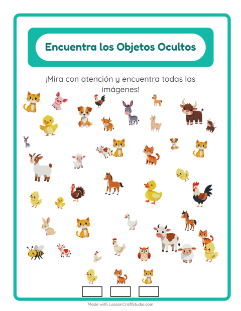 Vista previa de la hoja de Encuentra Los Objetos con Animales de granja para jardín infantil