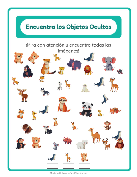 Vista previa de la hoja de Encuentra Los Objetos con Animales del zoológico para jardín infantil