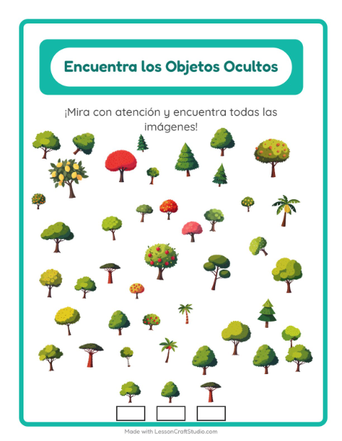 Vista previa de la hoja de Encuentra Los Objetos con Árboles para jardín infantil