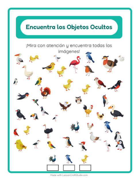 Vista previa de la hoja de Encuentra Los Objetos con Aves 2 para jardín infantil