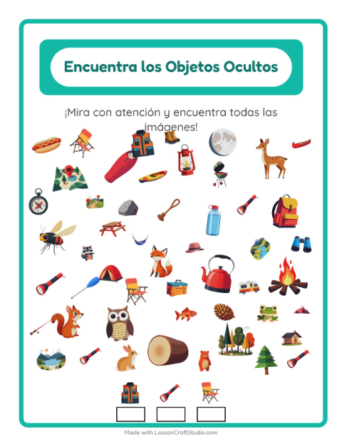 Vista previa de la hoja de Encuentra Los Objetos con Campamento para jardín infantil