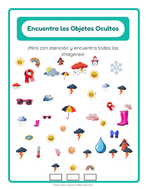 Vista previa de la hoja de Encuentra Los Objetos con Clima para jardín infantil