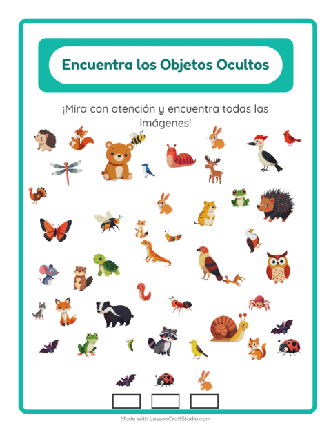 Vista previa de la hoja de Encuentra Los Objetos con Criaturas del bosque para jardín infantil