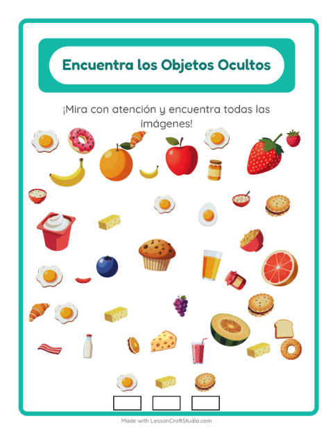 Vista previa de la hoja de Encuentra Los Objetos con Desayuno para jardín infantil