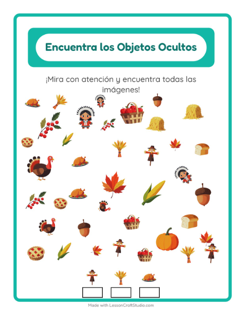 Vista previa de la hoja de Encuentra Los Objetos con Día de Acción de Gracias para jardín infantil