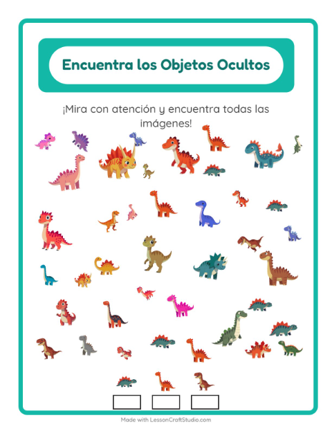 Vista previa de la hoja de Encuentra Los Objetos con Dinosaurios para jardín infantil