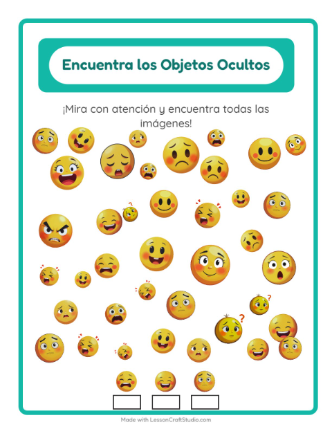 Vista previa de la hoja de Encuentra Los Objetos con Emociones para jardín infantil
