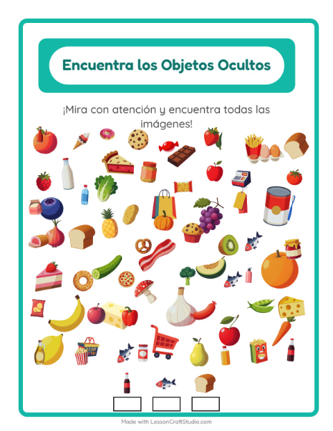 Vista previa de la hoja de Encuentra Los Objetos con En el supermercado para jardín infantil