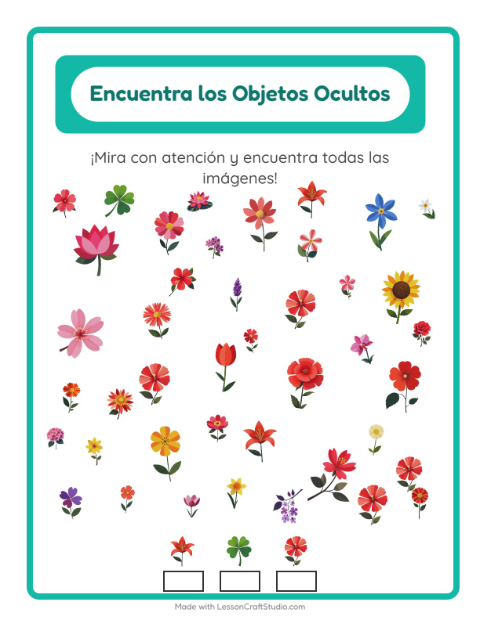 Vista previa de la hoja de Encuentra Los Objetos con Flores para jardín infantil