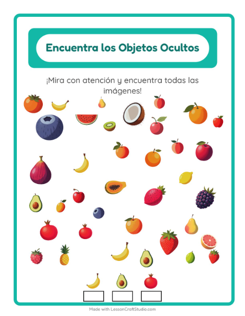 Vista previa de la hoja de Encuentra Los Objetos con Frutas para jardín infantil
