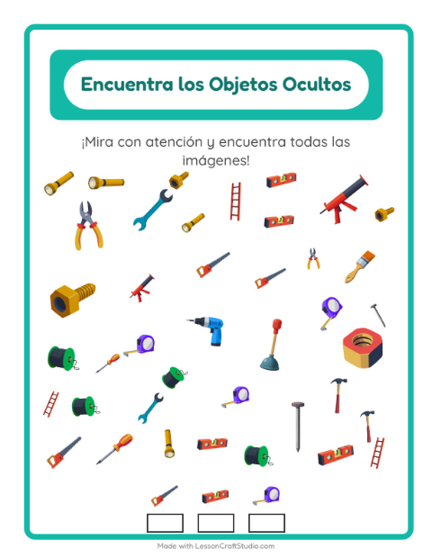 Vista previa de la hoja de Encuentra Los Objetos con Herramientas para jardín infantil