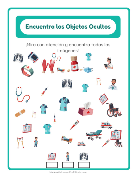 Vista previa de la hoja de Encuentra Los Objetos con Hospital para jardín infantil