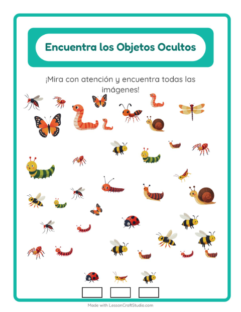 Vista previa de la hoja de Encuentra Los Objetos con Insectos y bichos para jardín infantil