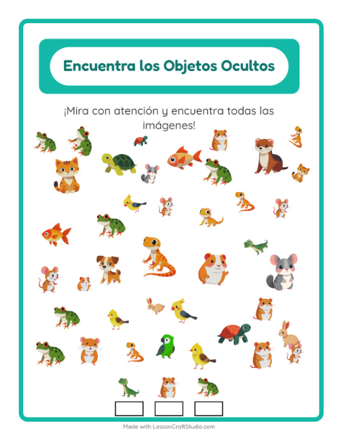Vista previa de la hoja de Encuentra Los Objetos con Mascotas para jardín infantil