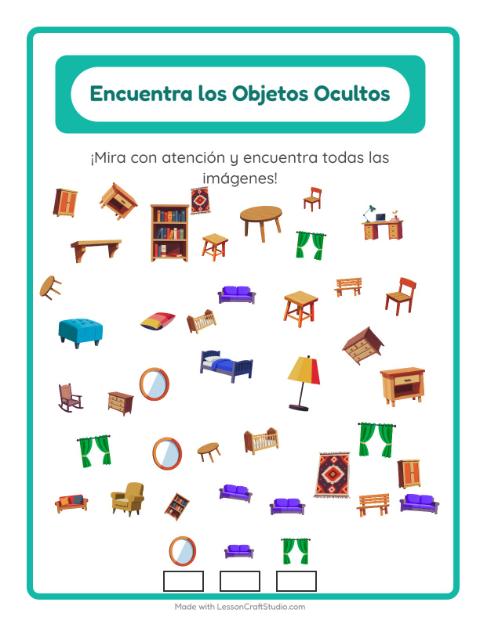 Vista previa de la hoja de Encuentra Los Objetos con Muebles para jardín infantil