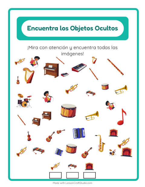 Vista previa de la hoja de Encuentra Los Objetos con Música para jardín infantil