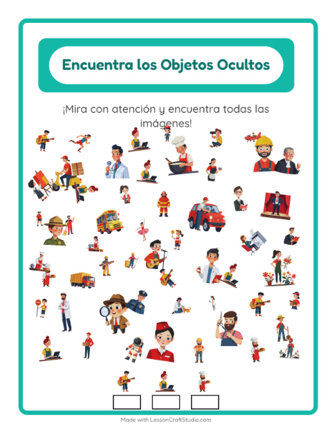 Vista previa de la hoja de Encuentra Los Objetos con Ocupaciones para jardín infantil