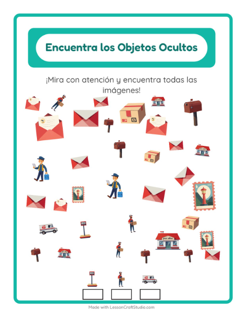 Vista previa de la hoja de Encuentra Los Objetos con Oficina de correos para jardín infantil
