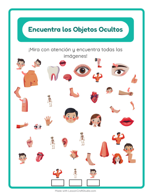 Vista previa de la hoja de Encuentra Los Objetos con Partes del cuerpo para jardín infantil