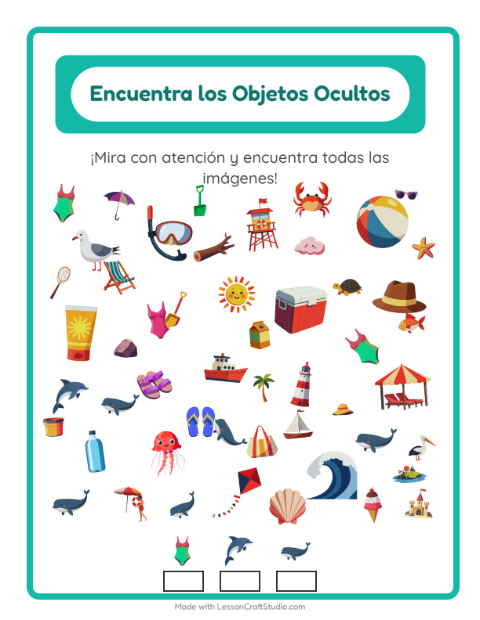 Vista previa de la hoja de Encuentra Los Objetos con Playa para jardín infantil