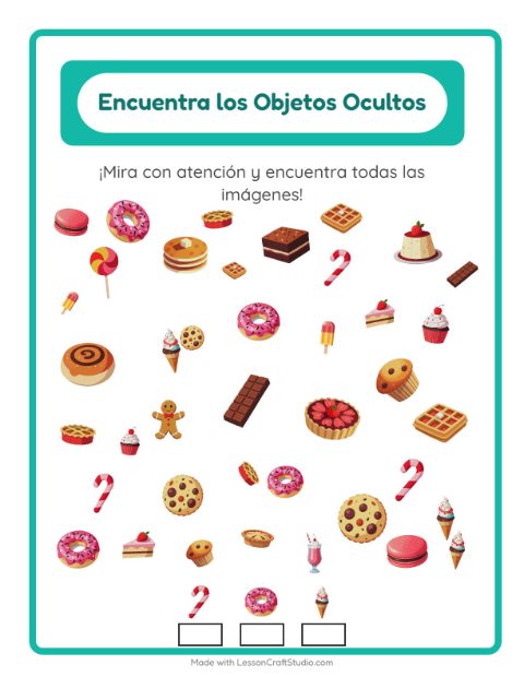 Vista previa de la hoja de Encuentra Los Objetos con Postres y dulces para jardín infantil