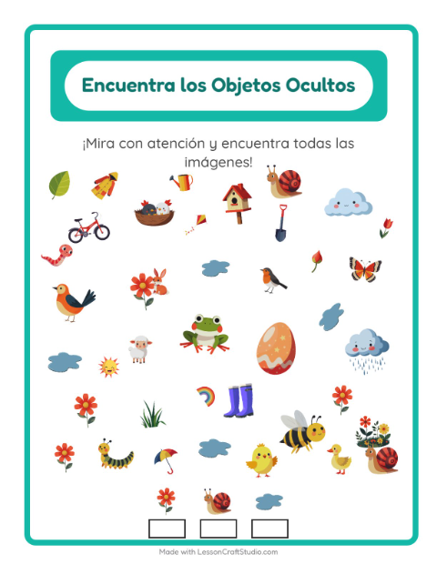 Vista previa de la hoja de Encuentra Los Objetos con Primavera para jardín infantil