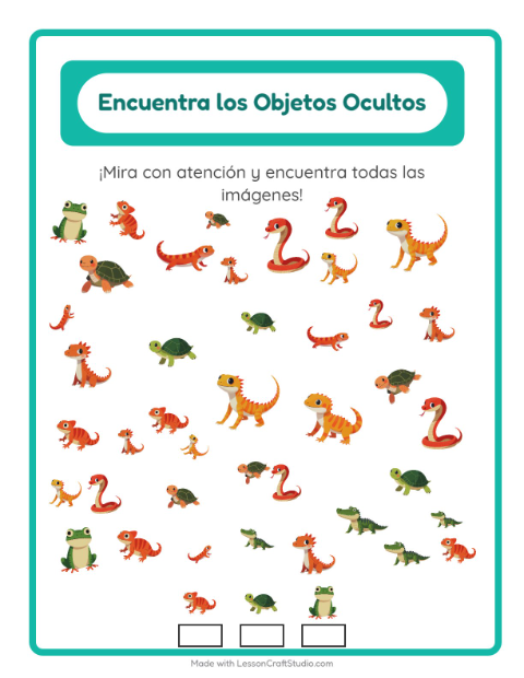 Vista previa de la hoja de Encuentra Los Objetos con Reptiles y anfibios para jardín infantil
