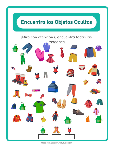 Vista previa de la hoja de Encuentra Los Objetos con Ropa para jardín infantil